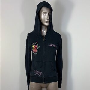 Vintage Y2K Ed Hardy Black Hoodie with Rose Embroidery and Pink Logo